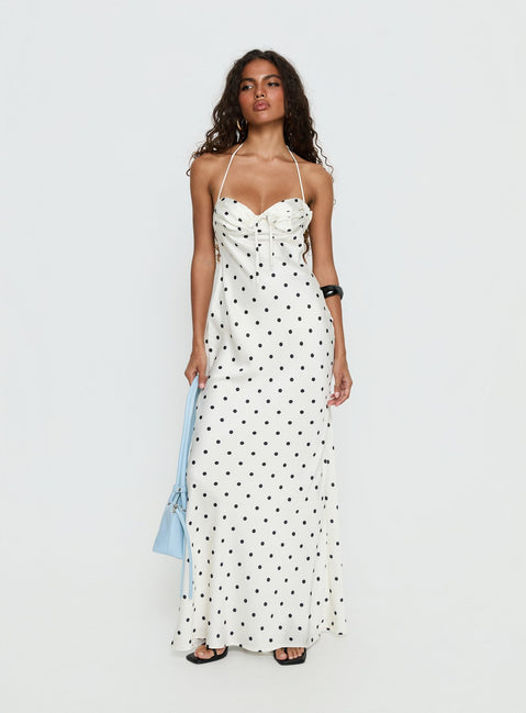 Costella Halter Satin Maxi Dress Cream Polka Dot