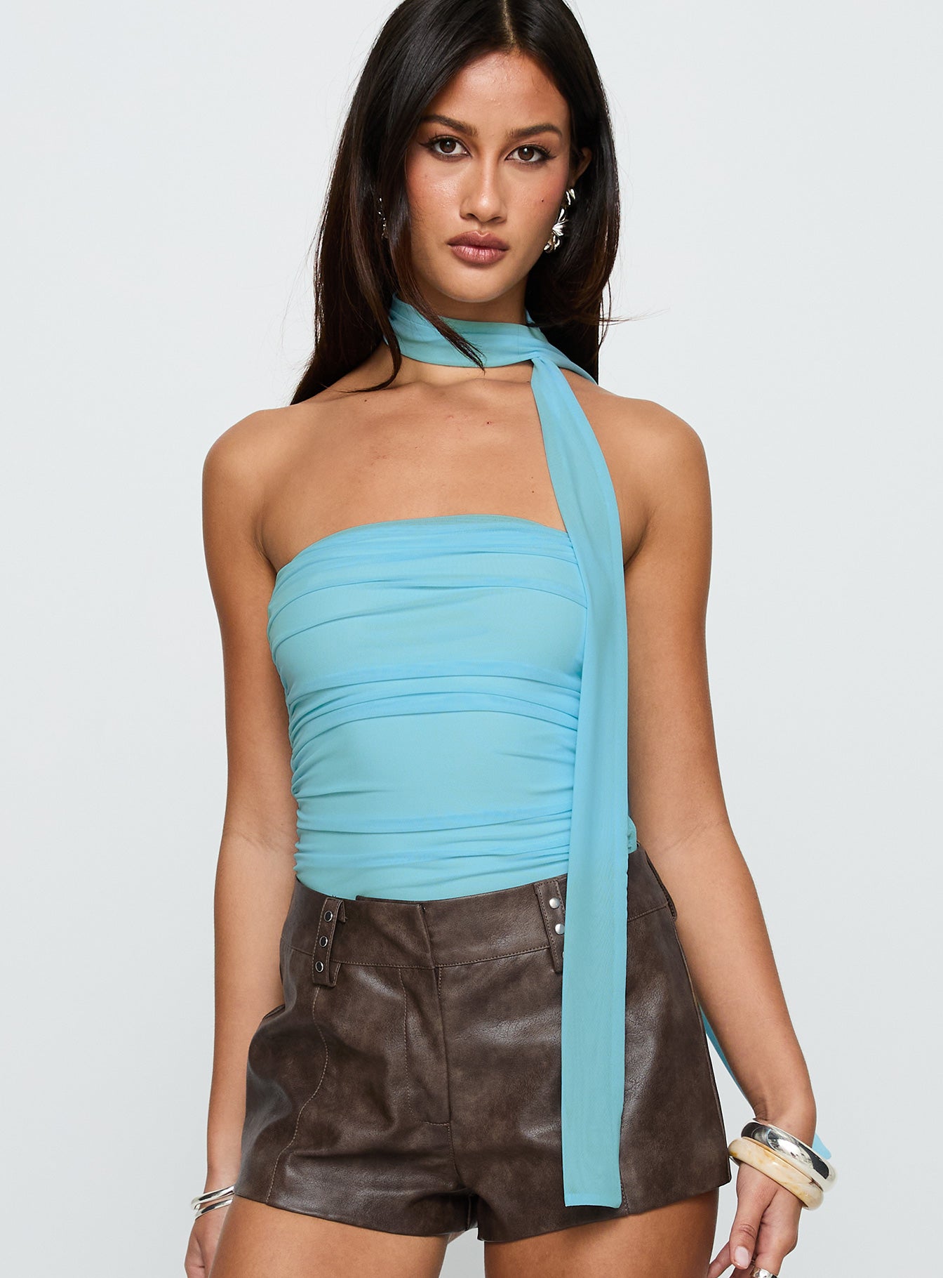 front view of model wearing Princess Polly Sorelle Scarf Bodysuit Blue Sleeveless 