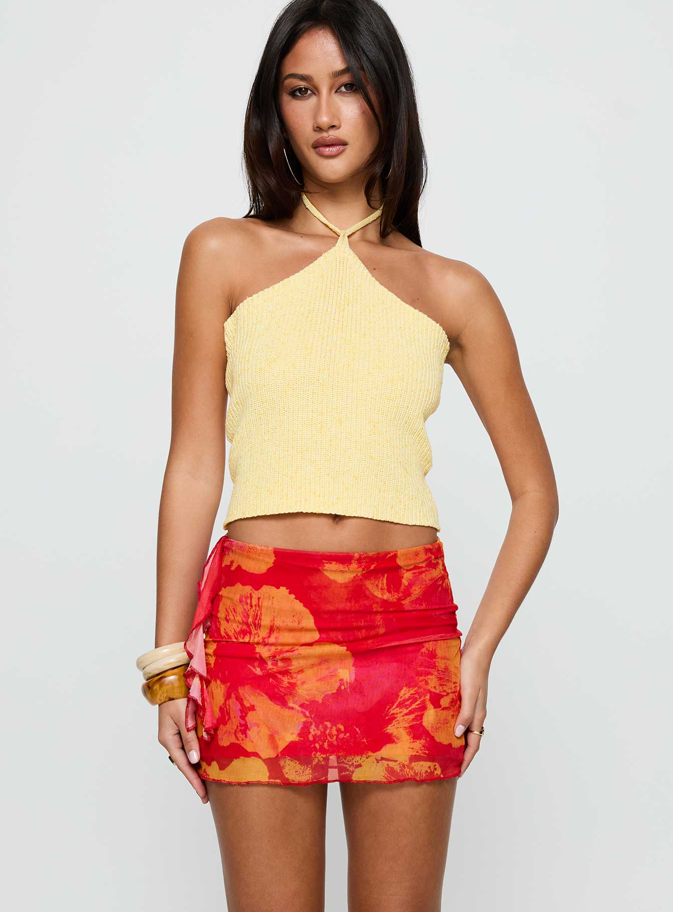   front view of model wearing Princess Polly Liloha Frill Mesh Mini Skirt Orange Multi Mini Skirts 