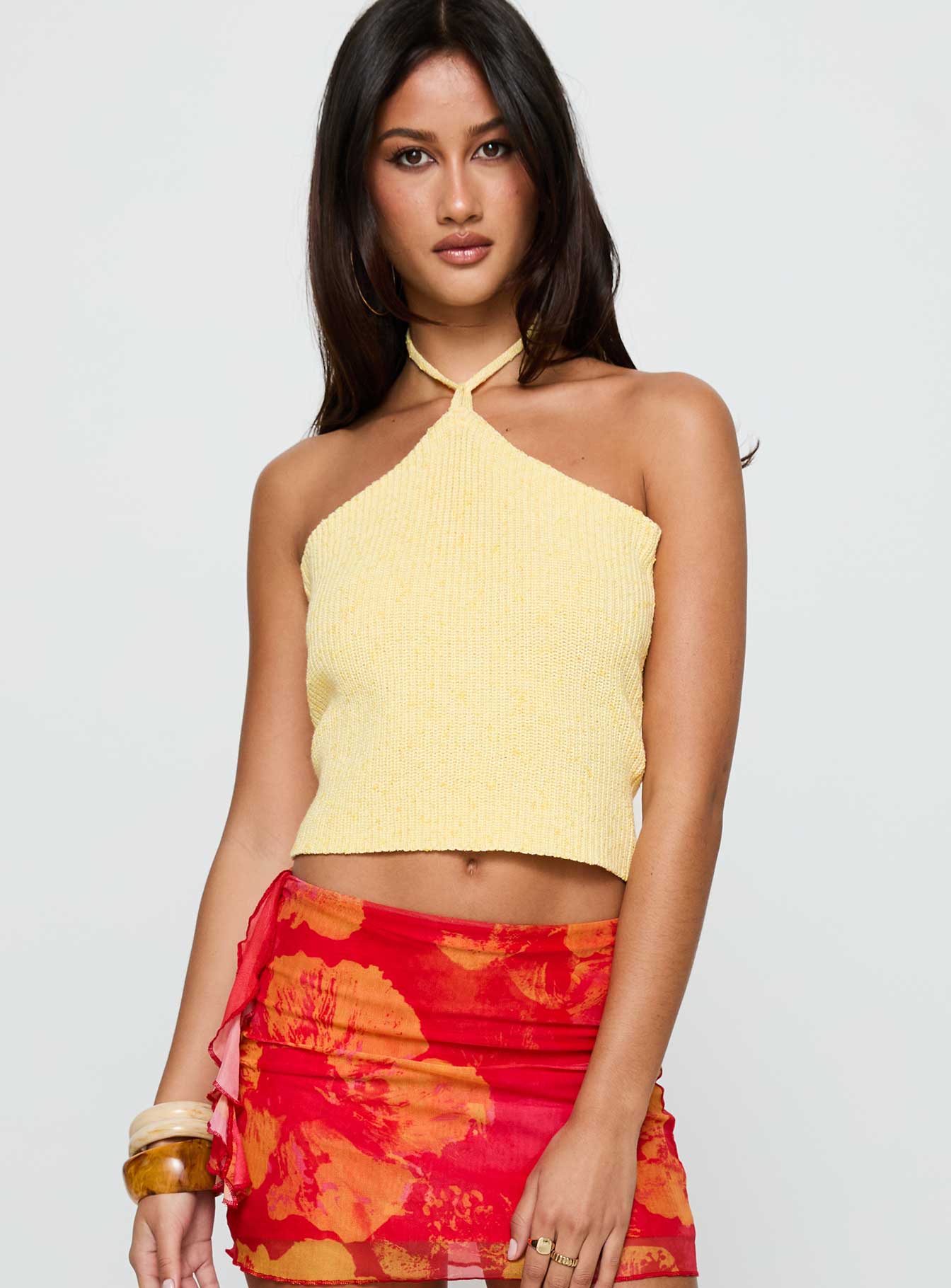 front view of model wearing Princess Polly Runaway Baby Top Lemon Sleeveless 