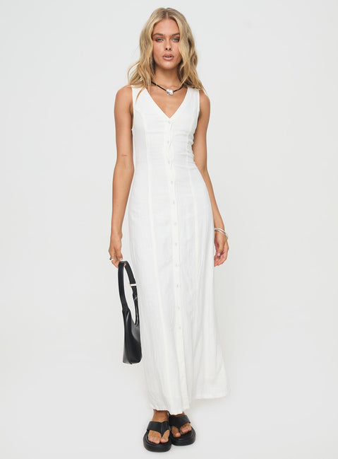 Summer Season Linen Blend Maxi Dress | White | Womens | Princess Polly Lower Impact Summer Season Linen Blend Maxi Dress | White | Womens | Princess Polly Lower Impact