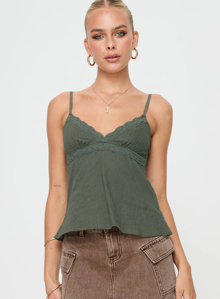 Green Top Adjustable shoulder straps, lace trim at bust, invisible zip fastening at side