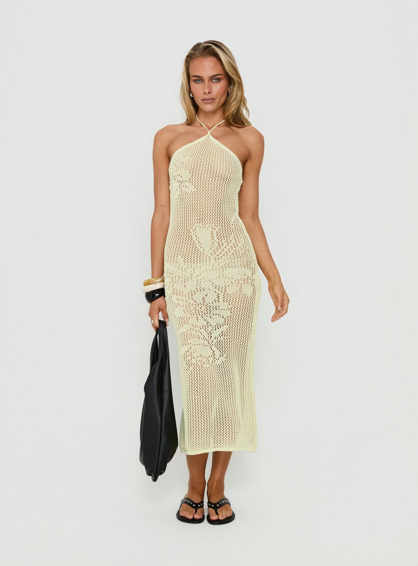 yellow crochet dress Cleo cleo 27 waist Asymmetrical Ruffle Crochet Maxi Dress