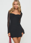 front view of model wearing Princess Polly Colline Long Sleeve Mini Dress Black Sweetheart Neckline 