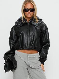 Koemi Faux Leather Collared Jacket Black