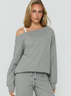 Showcasing the Wellness Off The Shoulder Jumper Dark Grey Marle in womens-jumpers with long length and oversized fit front view of model wearing Princess Polly