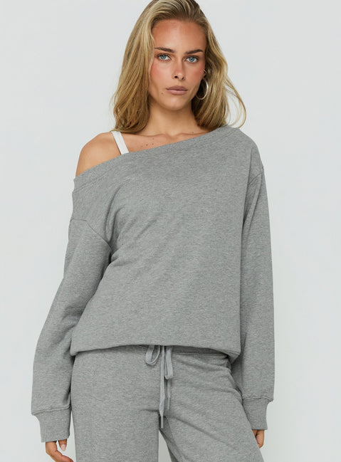 Showcasing the Wellness Off The Shoulder Jumper Dark Grey Marle in womens-jumpers with long length and oversized fit front view of model wearing Princess Polly