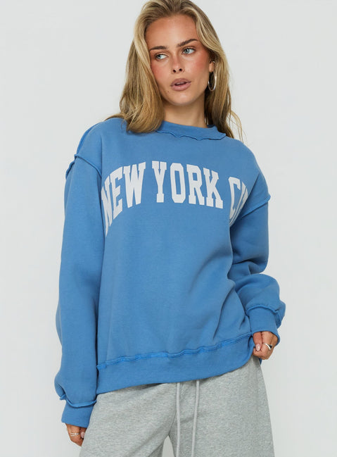 Discover the When In New York City Oversized Jumper Blue womens jumper with long fit detail view of model wearing Princess Polly