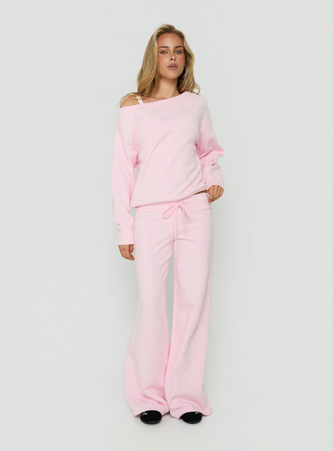 Introducing the Wellness Off The Shoulder Jumper Pink womens-jumpers with short length on-body view of model wearing Princess Polly