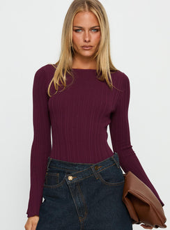 front view of model wearing Princess Polly Mayok Long Sleeve Bodysuit Plum Long Sleeve Tops 