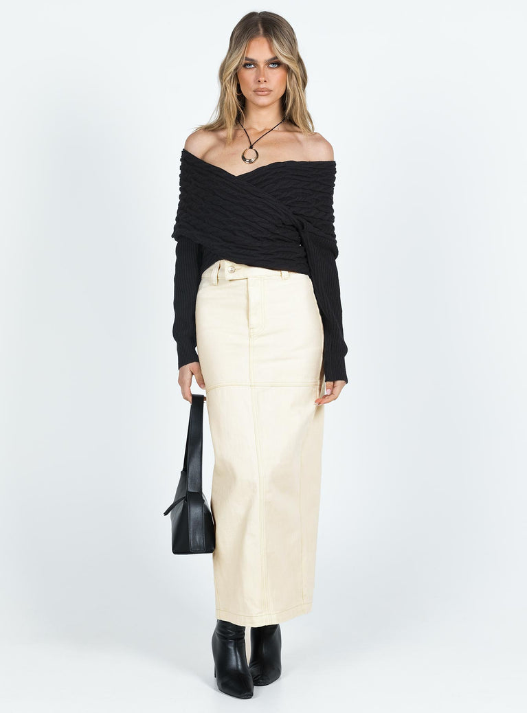 Midi skirt Mid rise Belt looped waist Zip and button fastening Twin back pockets Split at back