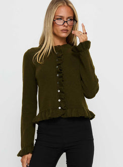 front view of model wearing Princess Polly Inclination Frill Cardigan Moss Cropped 