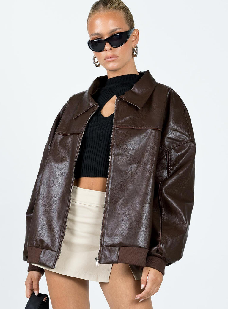Faux Leather Bomber Jacket Brown