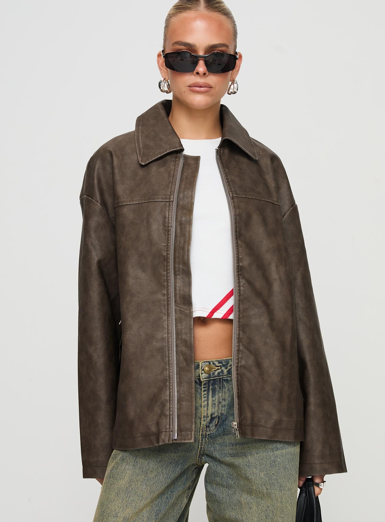 Faux leather collared dad jacket washed brown