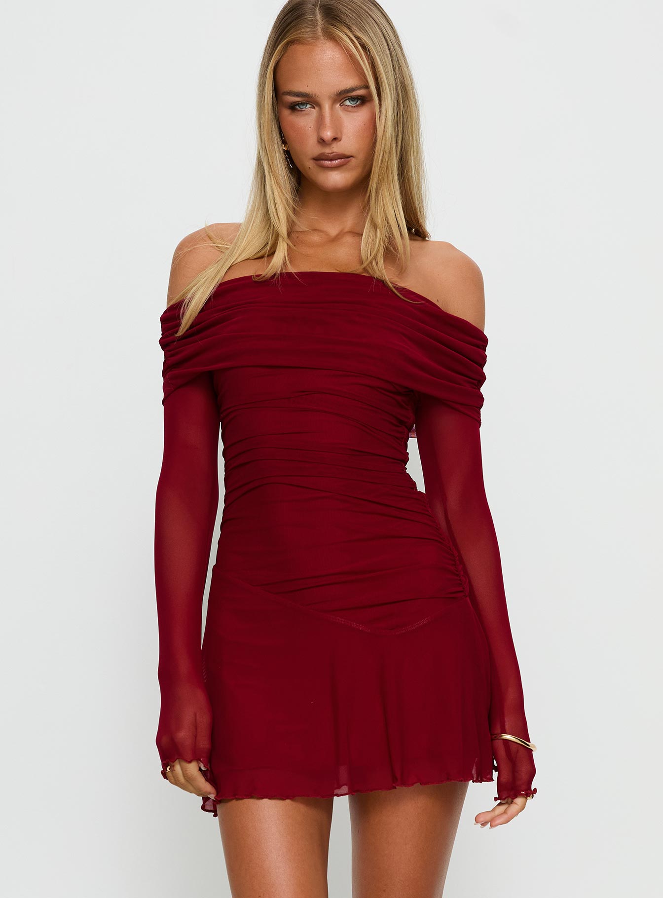 Koki Long Sleeve Off Shoulder Mini Dress Red | Princess Polly Koki Long Sleeve Off Shoulder Mini Dress Red | Princess Polly
