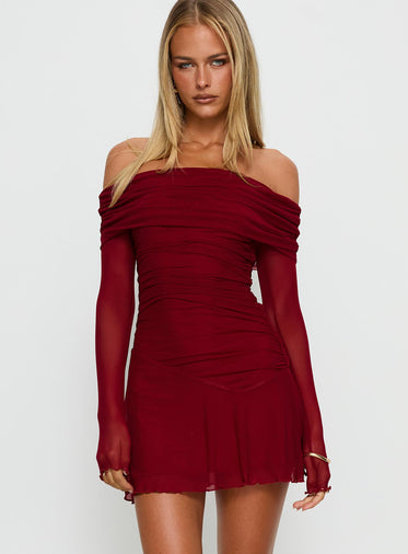 Koki Long Sleeve Off Shoulder Mini Dress Red