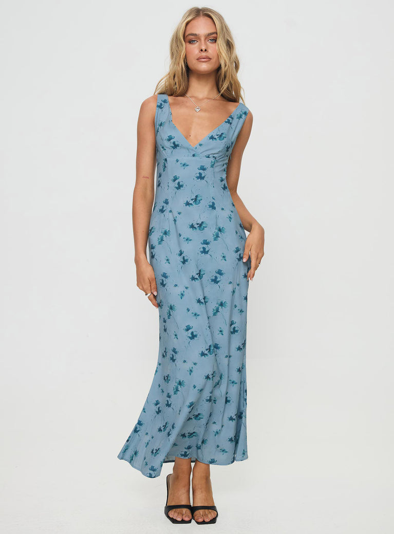 front view of model wearing Princess Polly Donnelly Maxi Dress Blue Plunger 