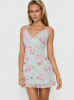 Sandia Lace Trim Mini Dress Blue Floral