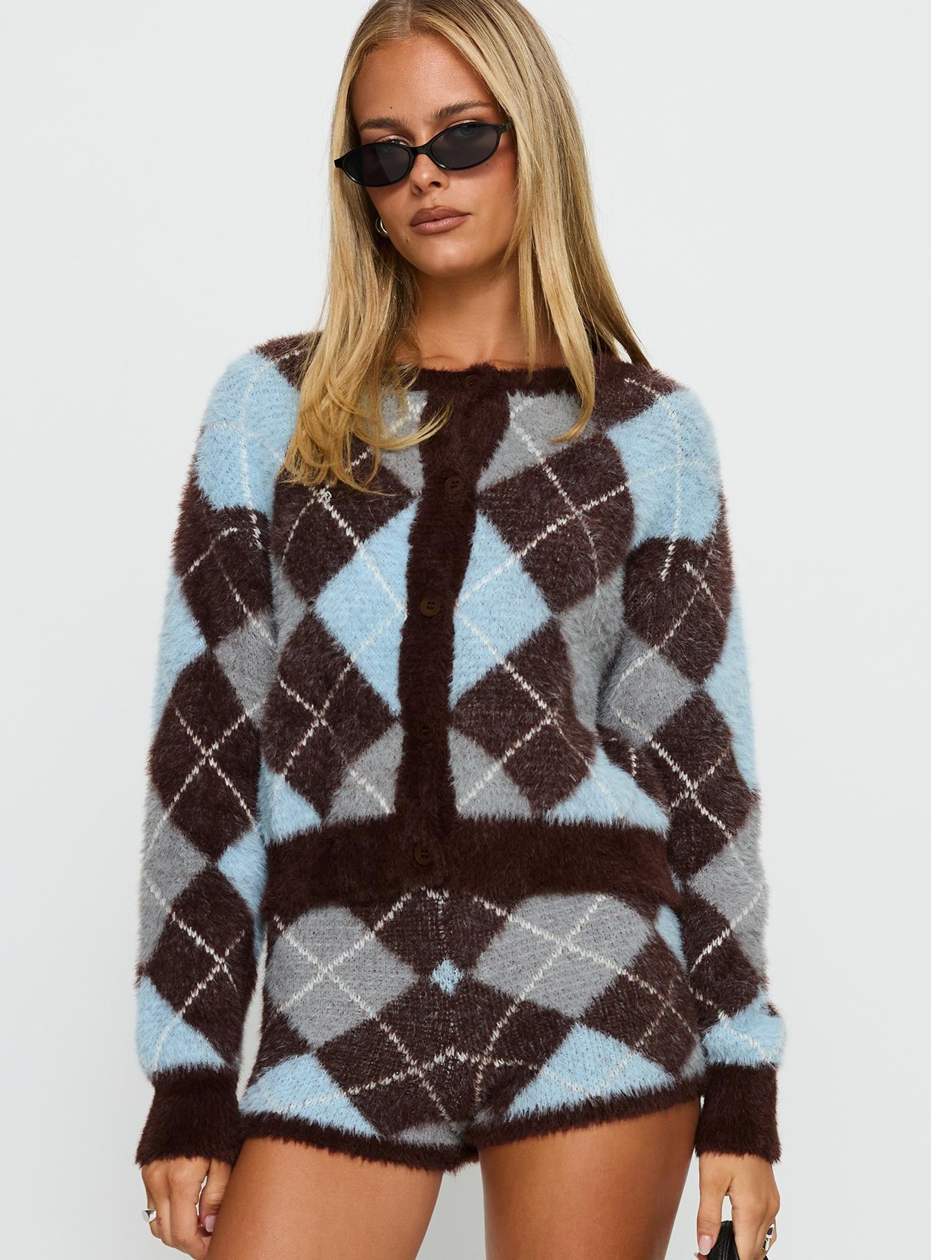 Kenlea Button Up Cardigan Blue Argyle | Princess Polly