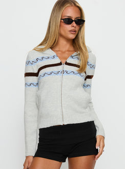 front view of model wearing Princess Polly Zaylina Graphic Zip Through Knit Sweater Grey Cropped Jumpers 