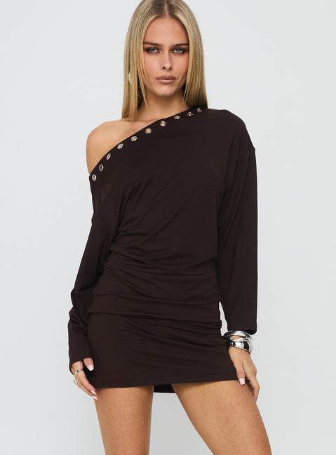 Sakaia Long Sleeve Eyelet Mini Dress | Brown | Womens