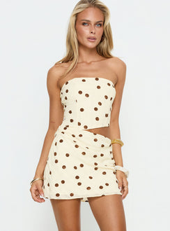 Jasira Strapless Drape Mini Dress Cream / Brown Polka Dot
