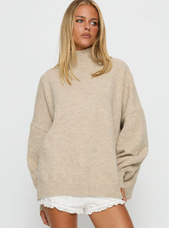 front view of model wearing Princess Polly Patrizia Funnel Neck Knit Sweater Beige 