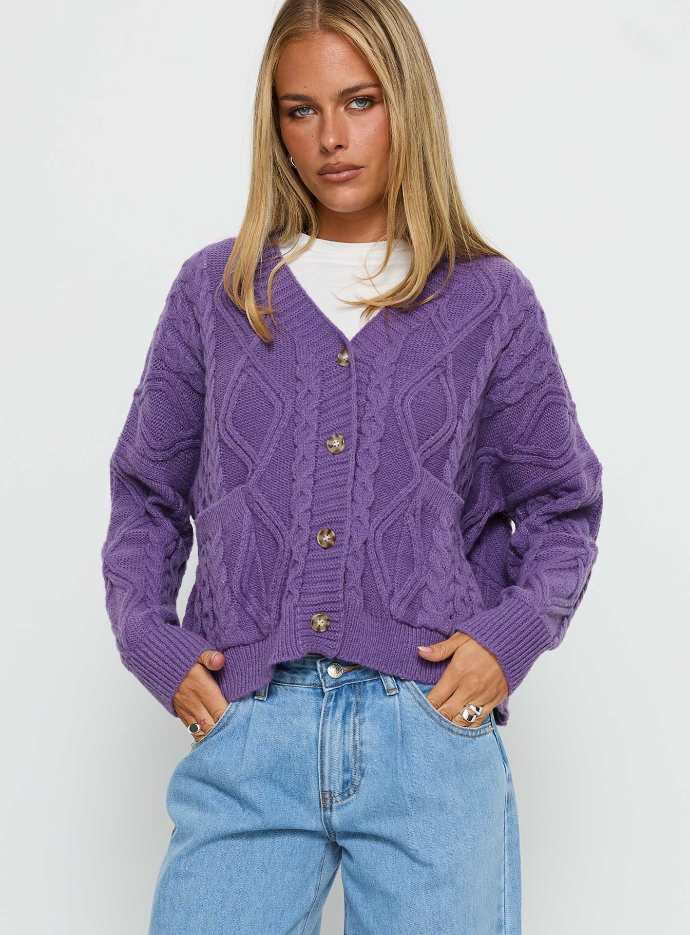 front view of model wearing Princess Polly Dillian Cable Knit Cardigan Purple Cropped 