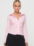 front view of model wearing Princess Polly Ambrose Shirt Pink Stripe Full Sleeves High Neck 