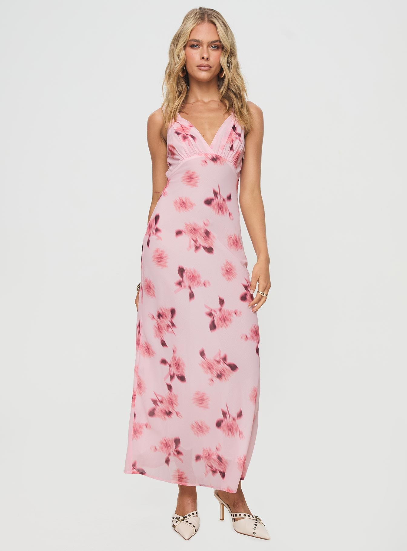 side view of model wearing Princess Polly Maysa Floral Maxi Dress Pink Plunger 