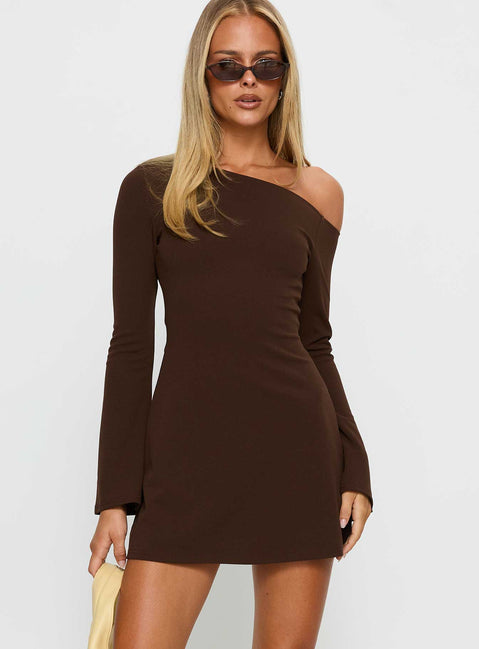 Adrietta Long Sleeve Off Shoulder Mini Dress | Brown | Womens