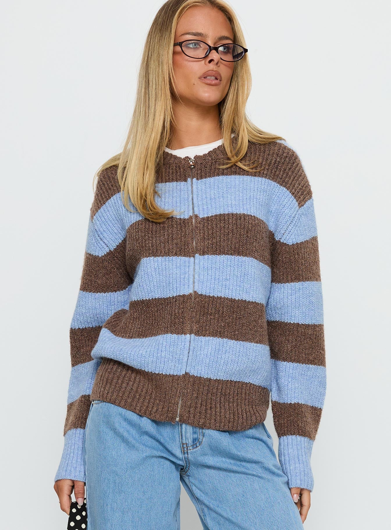 Queena Zip Through Knit Sweater Blue Stripe | Princess Polly