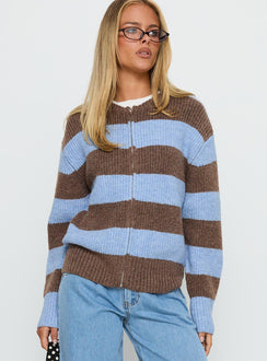 front view of model wearing Princess Polly Queena Zip Through Knit Sweater Blue Stripe 