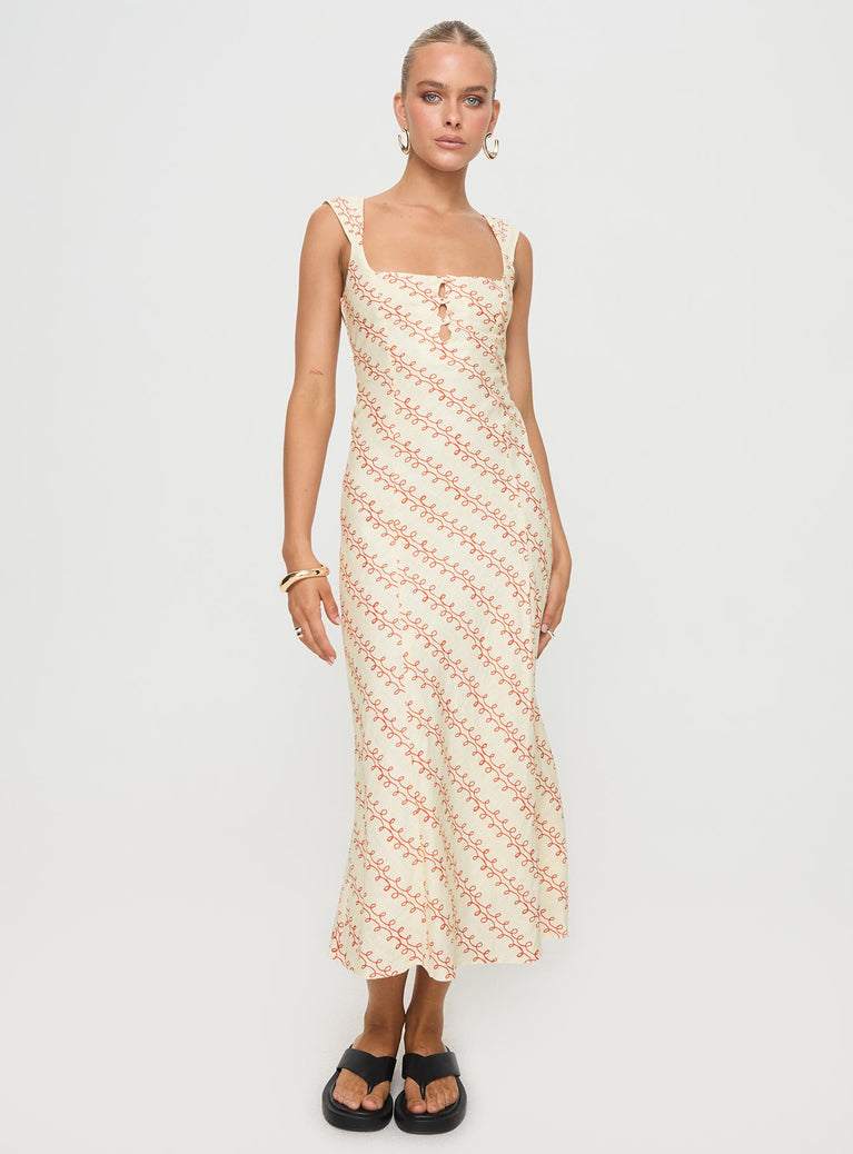 Printed linen maxi dress Fixed shoulder straps, square neckline, button fastening at bust, waist tie at back, invisible zip fastening down side