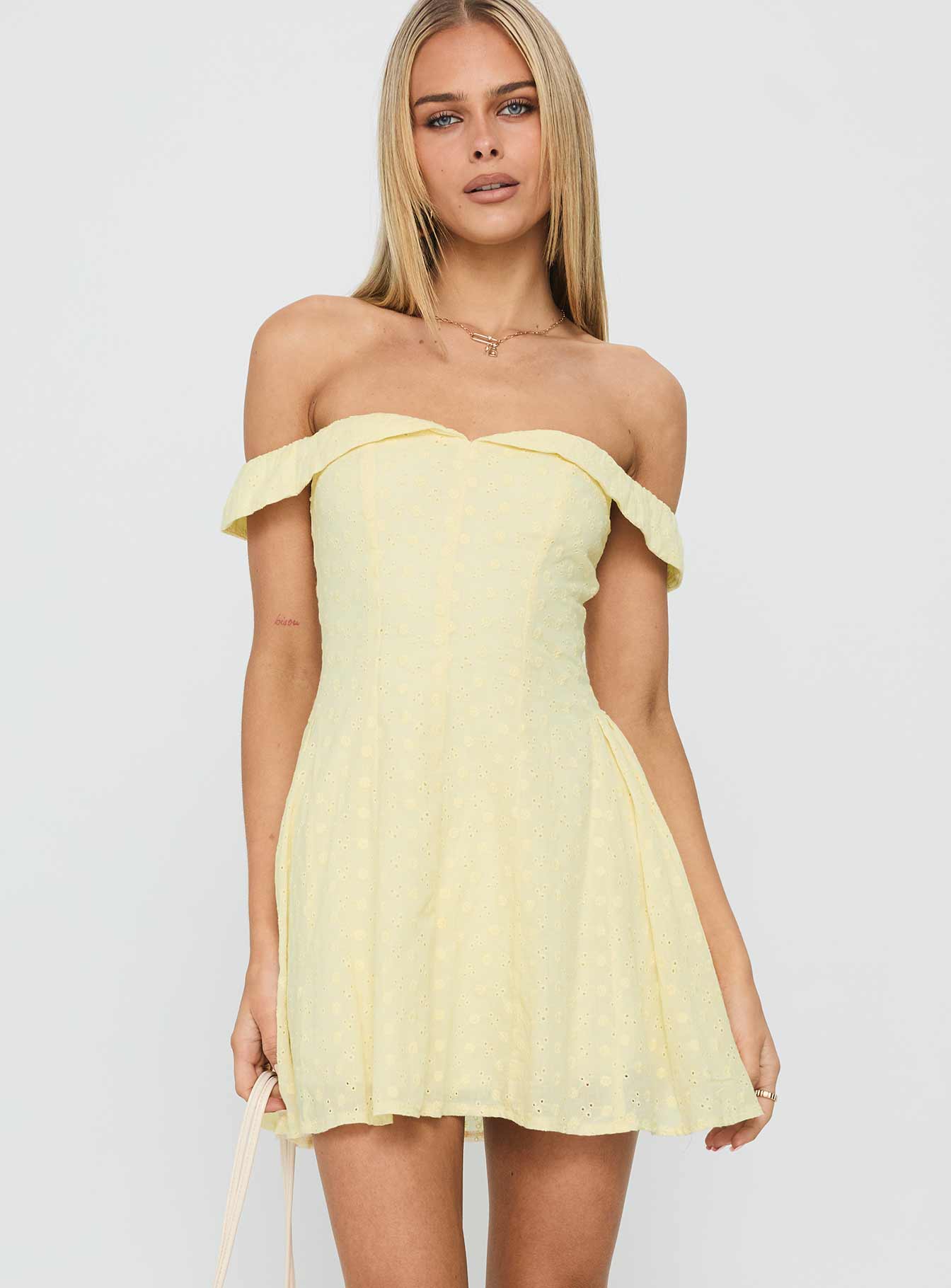 Rosebud Off The Shoulder Mini Dress | Lemon | Womens | Princess Polly Rosebud Off The Shoulder Mini Dress | Lemon | Womens | Princess Polly