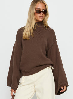 front view of model wearing Princess Polly Neriel Funnel Neck Knit Sweater Chocolate Long 