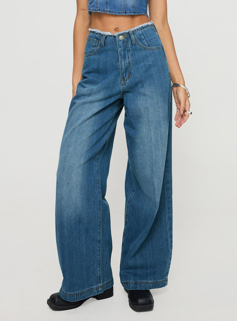 Wide leg denim pants High rise fit, belt looped waist, zip & button fastening, classic five pocket design Non-stretch material, unlined  