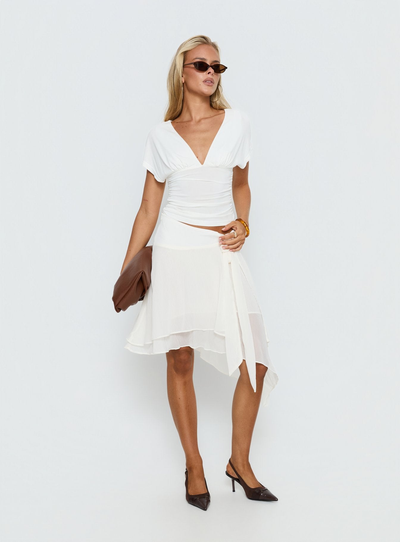 Ophella Tie Waist Chiffon Midi Skirt Cream | Princess Polly