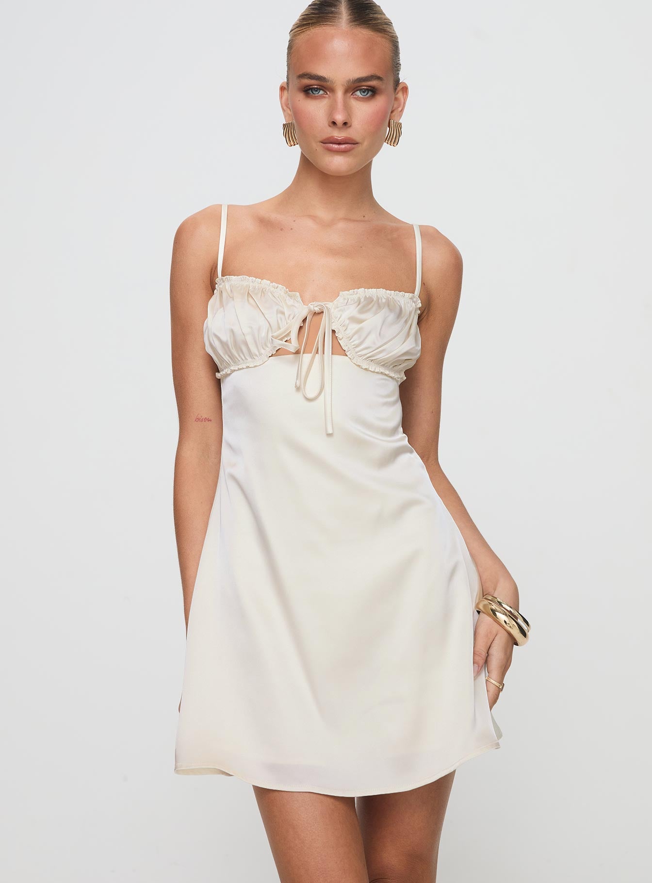 front view of model wearing Princess Polly Decipher Satin Mini Dress Ivory Sweetheart Neckline 