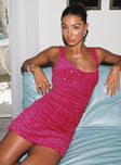 side view of model wearing Princess Polly Centerfold Sequin Mini Dress Pink Sweetheart Neckline 