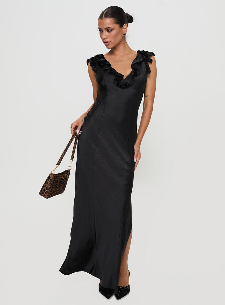 side view of model wearing Princess Polly Butacup Frill Maxi Dress Black V-Neck 