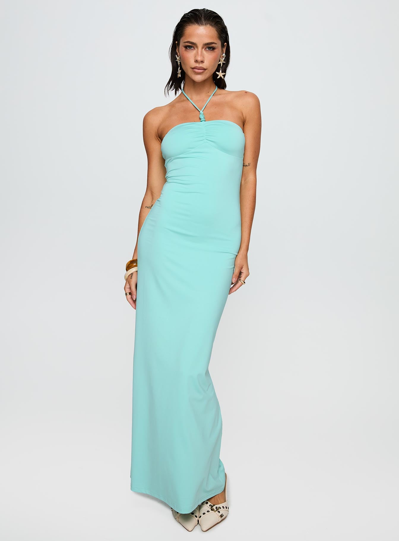 side view of model wearing Princess Polly A Vision Hardware Detail Maxi Dress Blue Straight Neck 