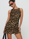 back view of model wearing Princess Polly Vivre Mini Dress Leopard Crew Neck 