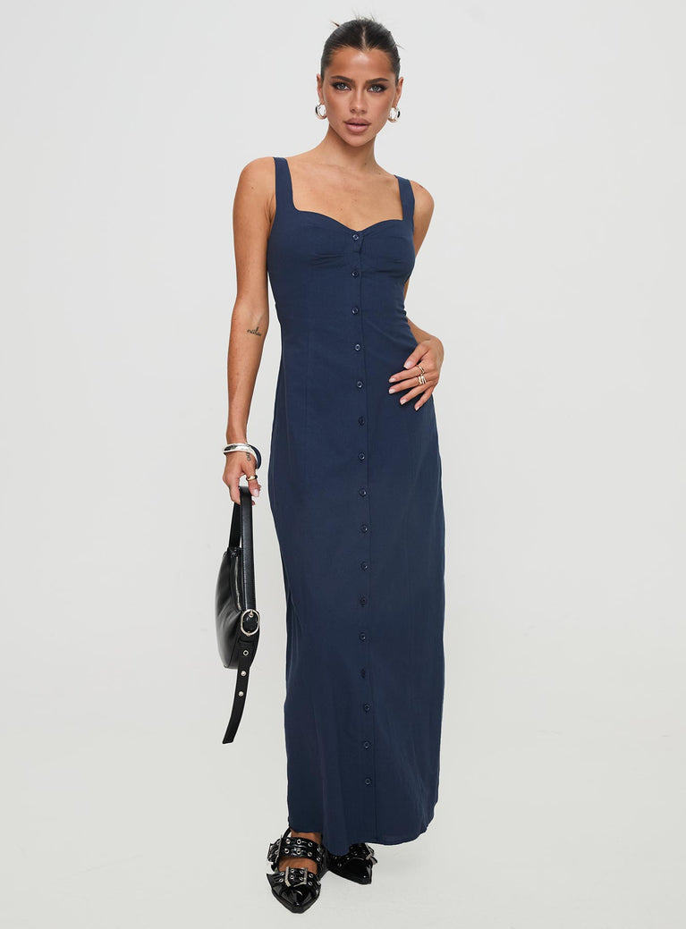 side view of model wearing Princess Polly Vaugn Maxi Dress Navy Sweetheart Neckline 