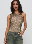 front view of model wearing Princess Polly Serenata Bodysuit Leopard Sleeveless High Neck 