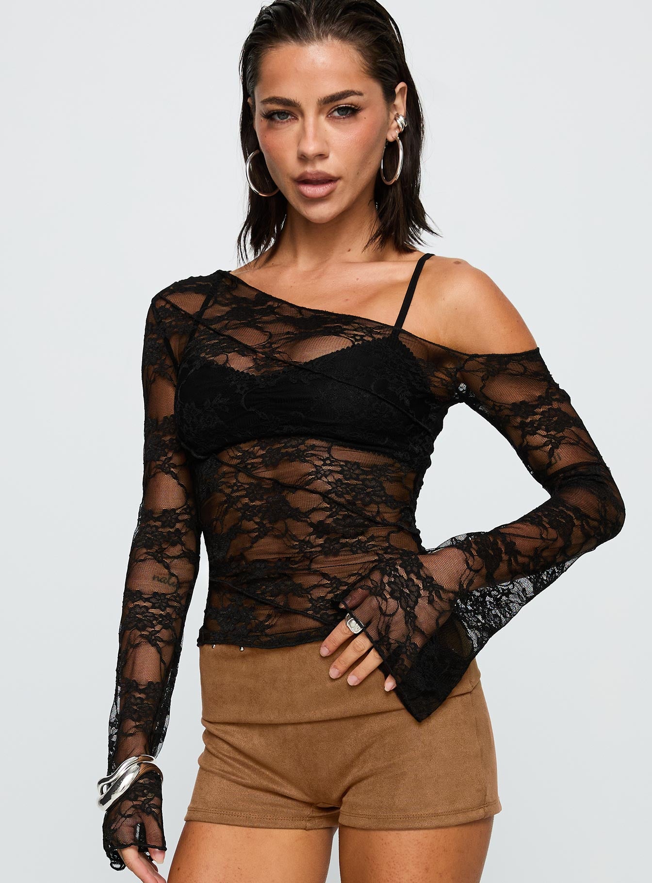 front view of model wearing Princess Polly How Ironic One Shoulder Lace Top Black Full Sleeves Asymmetric Neckline 