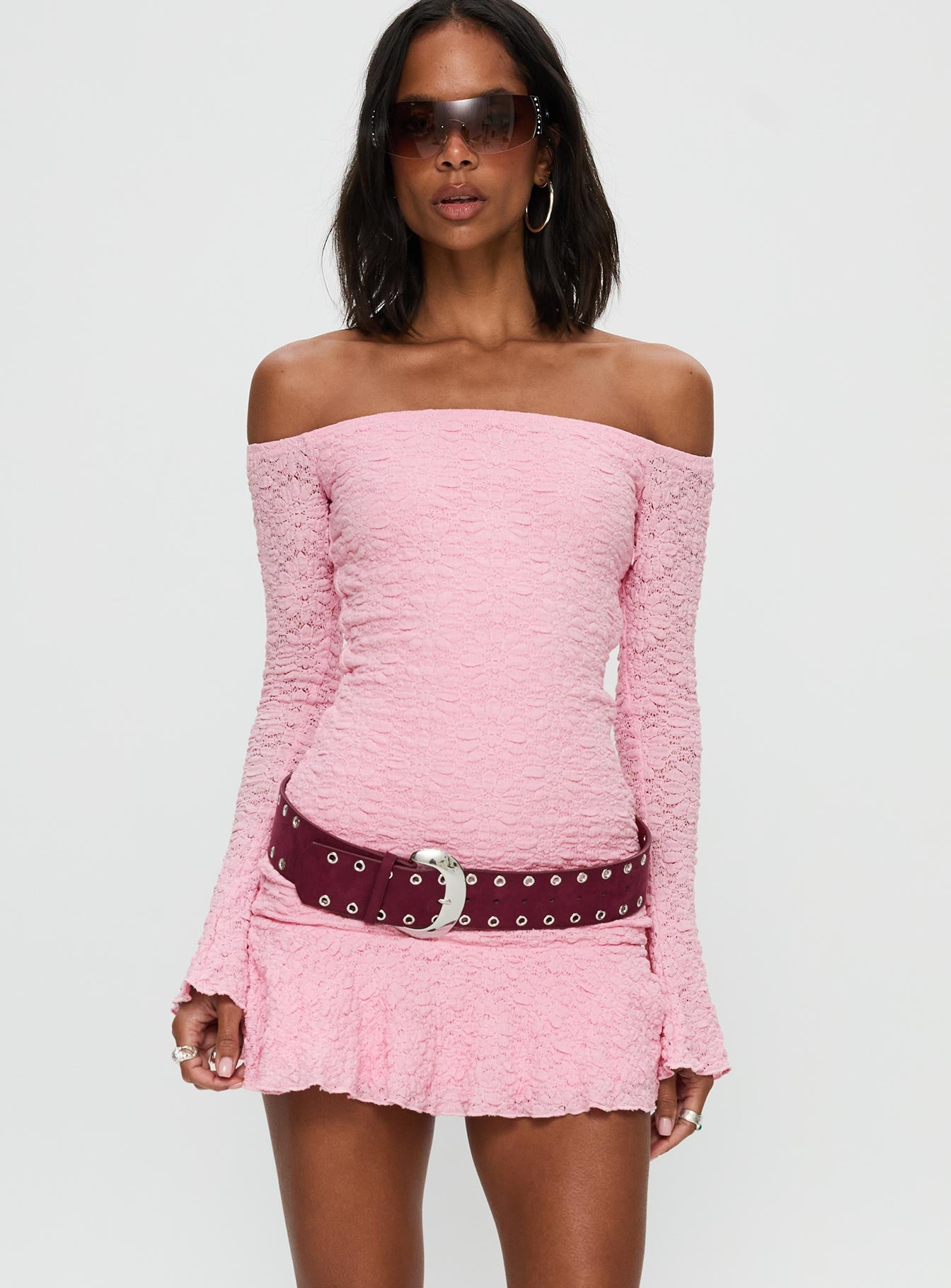 front view of model wearing Princess Polly Vancesca Strapless Mini Dress Pink Straight Neck 