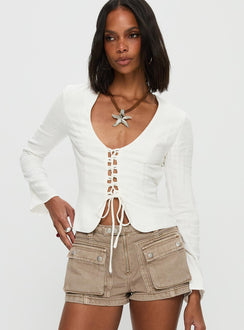 front view of model wearing Princess Polly Clouded Linen Long Sleeve Top White Full Sleeves Plunger 