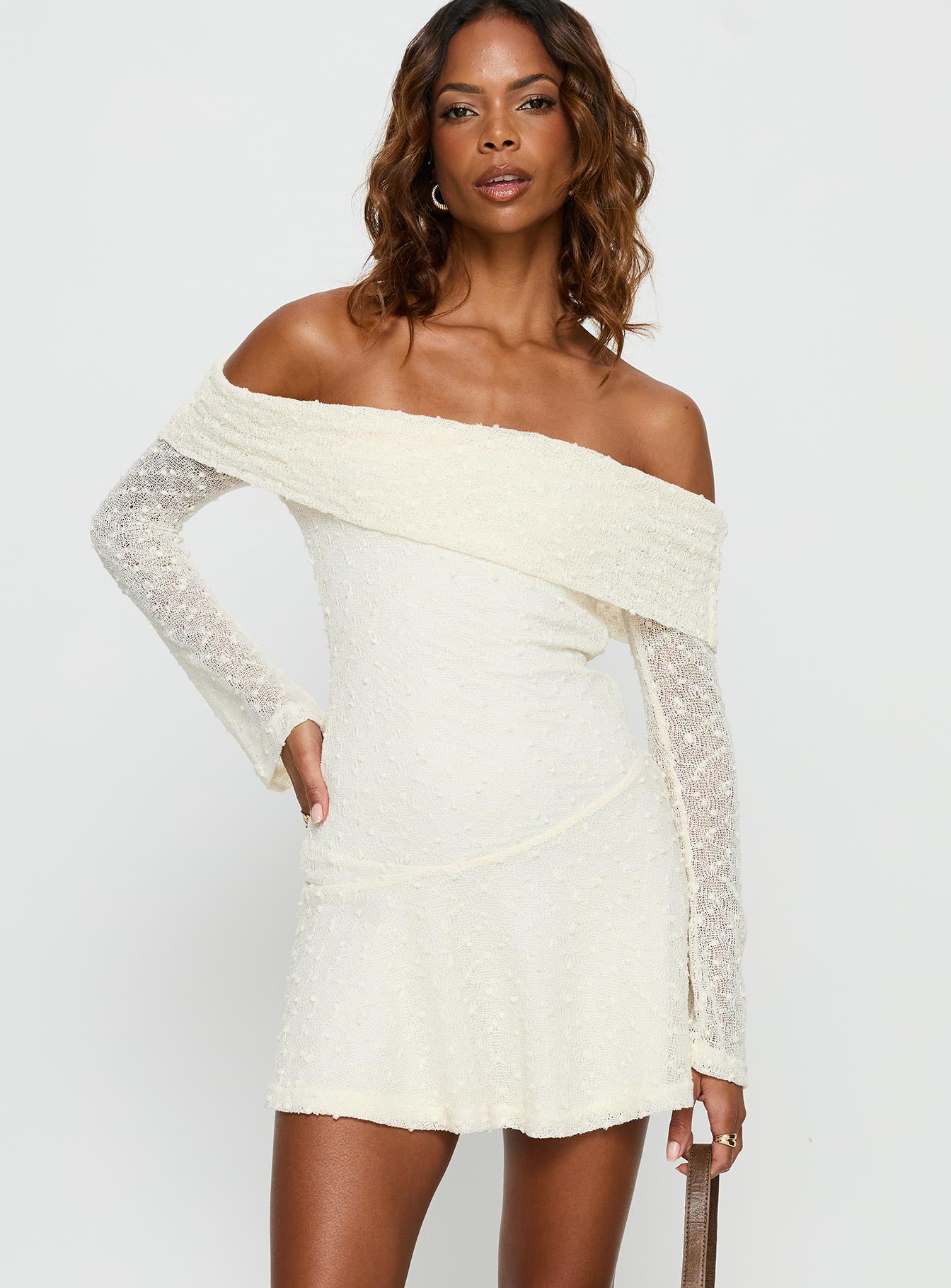 Ivee Off Shoulder Long Sleeve Mini Dress Cream | Princess Polly