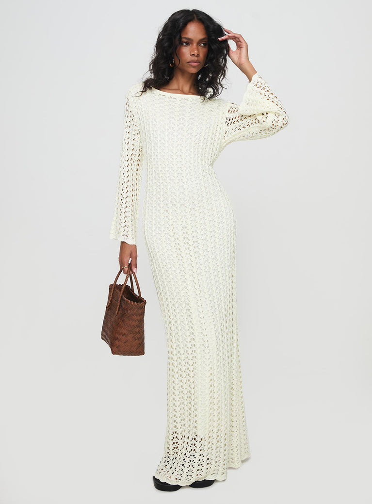 front view of model wearing Princess Polly Westy Knit Maxi Dress Cream Boat Neck 